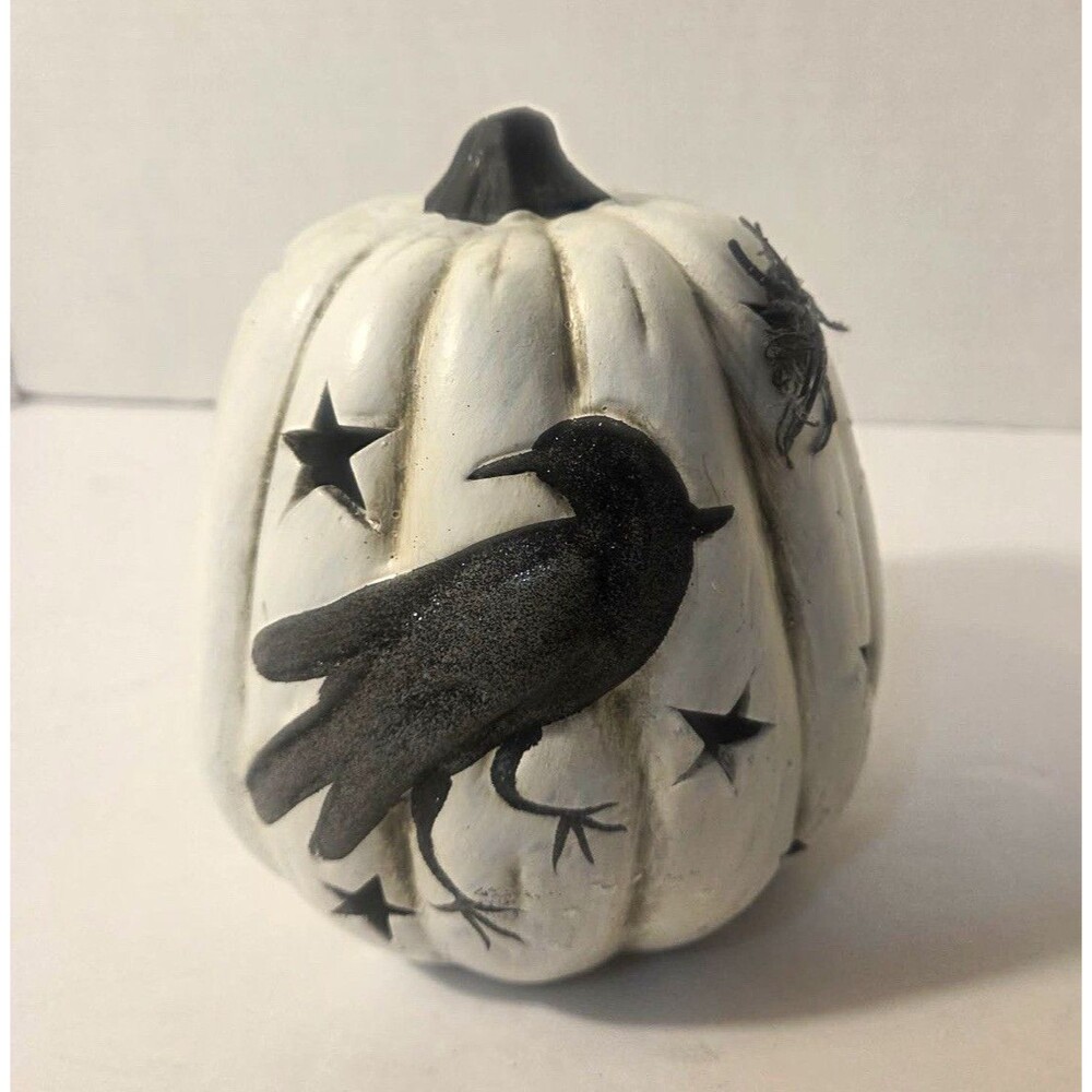 Halloween White Pumpkin Candle Holder w/ Black Crow, Free Standing 5 in